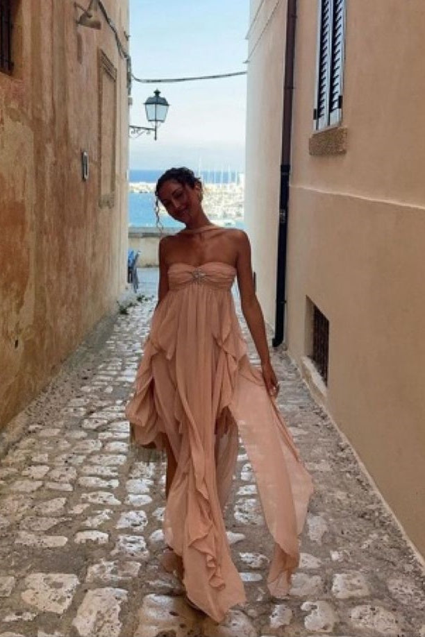 Chic A Line Halter Neck Pink Long Prom Dress with Ruffles