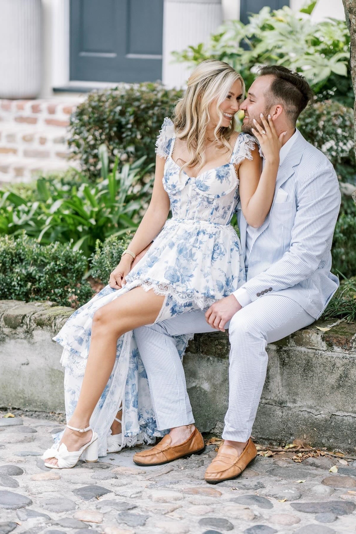 Gorgeous A Line Sweetheart Blue Floral Printed Long Party Dress with Split Front - View 5 | VelvetHem