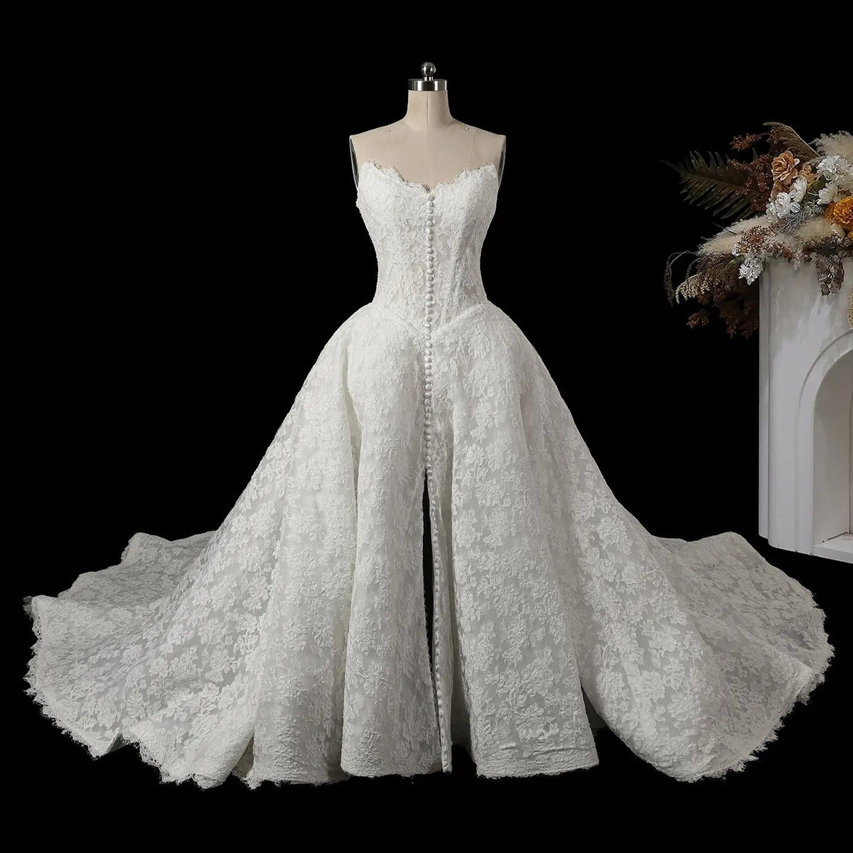 White Floral Lace Strapless Bridal Gown Sweetheart Neckline Front Button Ball Gown ZP011
