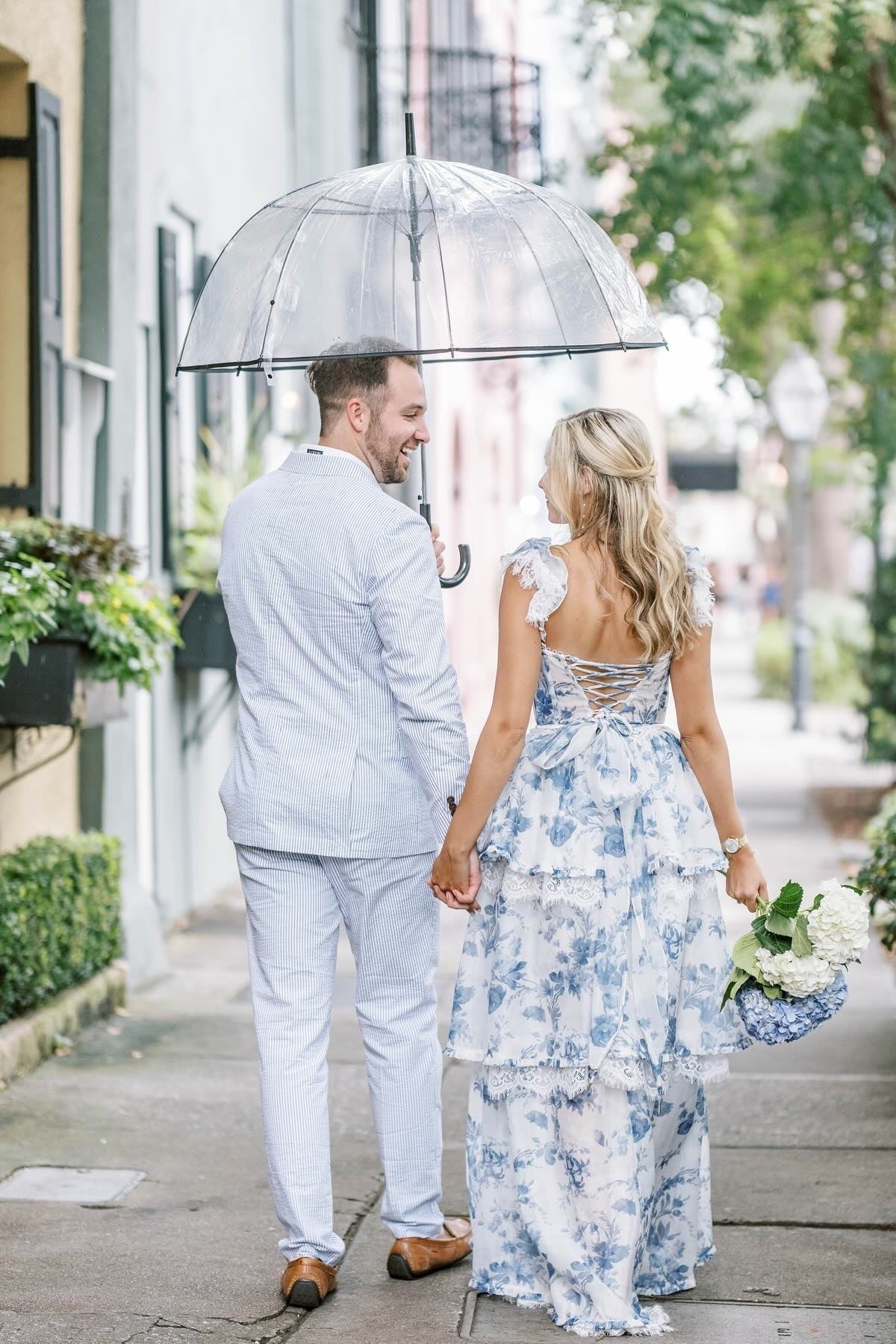 Gorgeous A Line Sweetheart Blue Floral Printed Long Party Dress with Split Front - View 2 | VelvetHem
