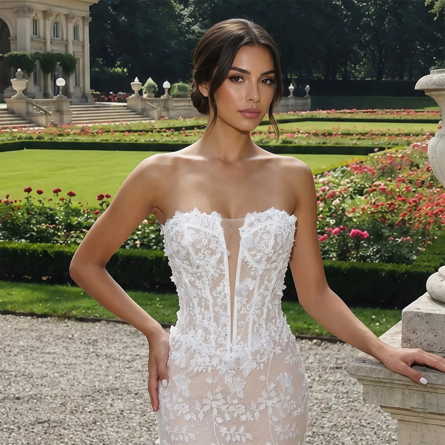 White Nude Lace Fairytale  Mermaid Wedding Dress 3D Floral  Train  ZP037