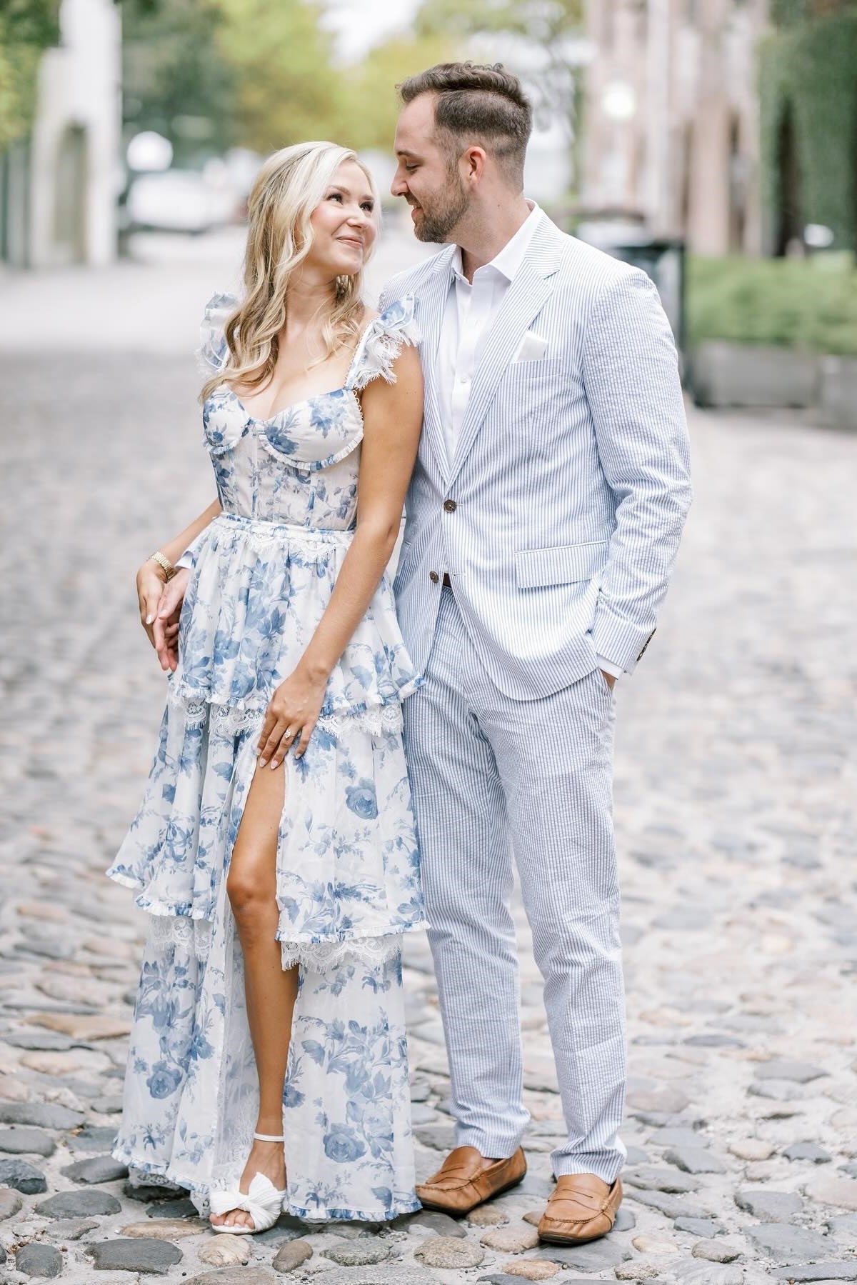 Gorgeous A Line Sweetheart Blue Floral Printed Long Party Dress with Split Front - View 3 | VelvetHem