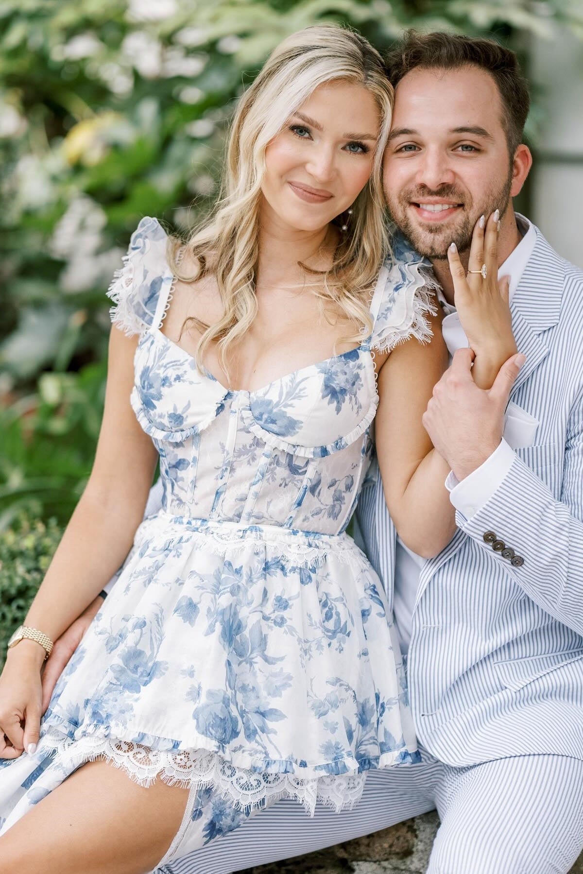 Gorgeous A Line Sweetheart Blue Floral Printed Long Party Dress with Split Front - View 7 | VelvetHem