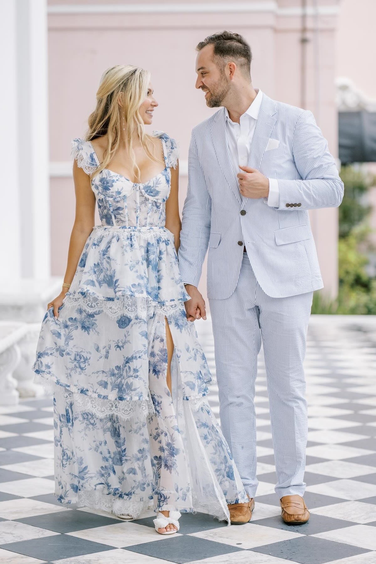 Gorgeous A Line Sweetheart Blue Floral Printed Long Party Dress with Split Front - VelvetHem
