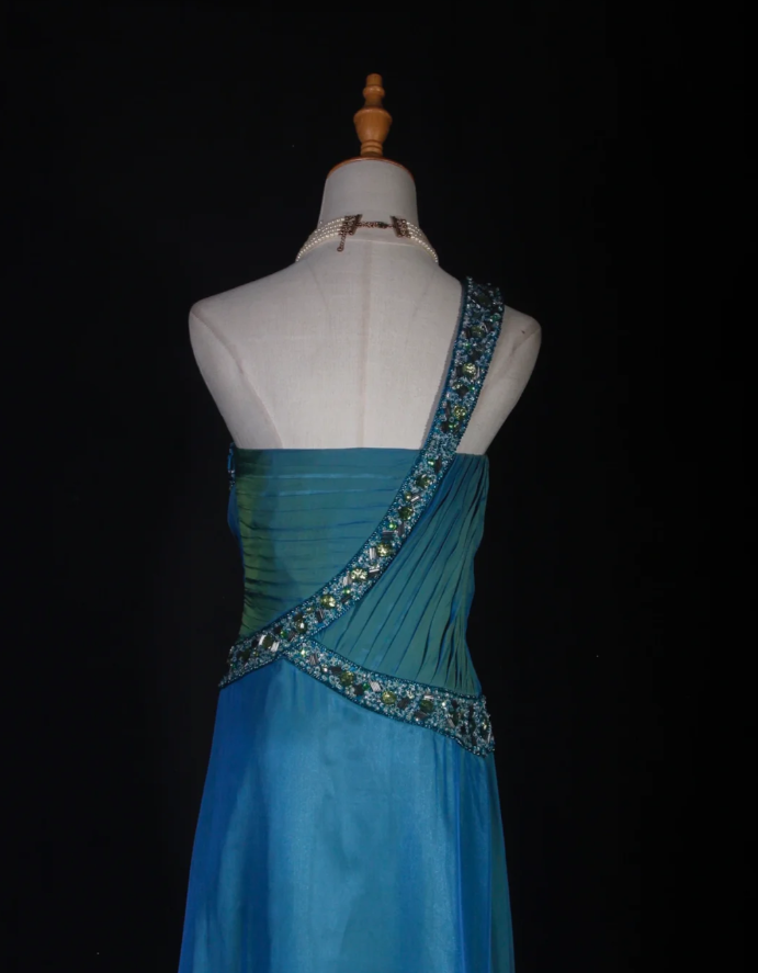 Unique Blue One Shoulder Satin Pleated Beaded Mermaid Prom Dress Long Birthday Evening Gowns - View 6 | VelvetHem