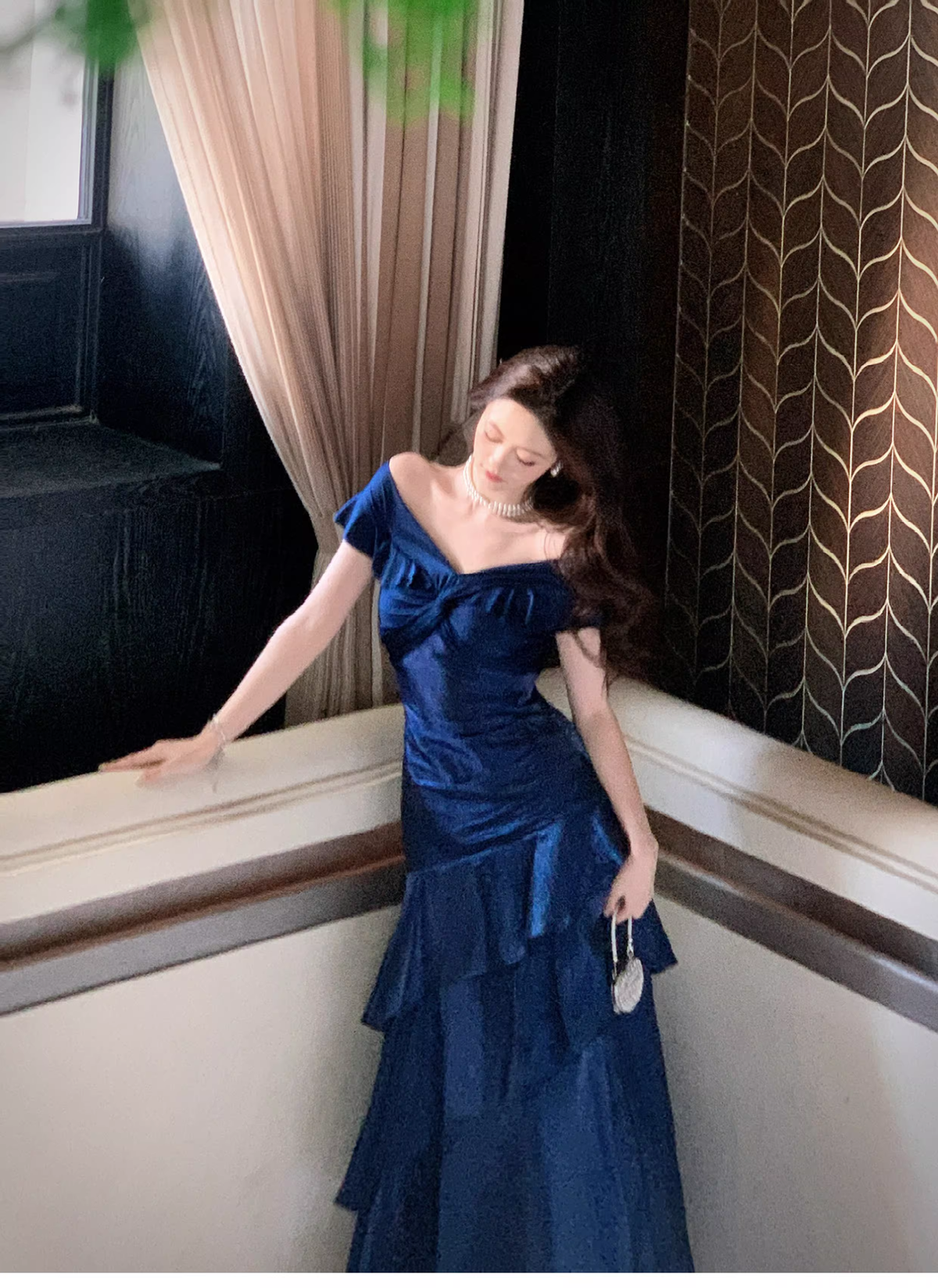 Stylish Navy Blue Off The Shoulder Satin Layered Ruffles Mermaid Long Evening Dress Prom Gown - View 10 | VelvetHem