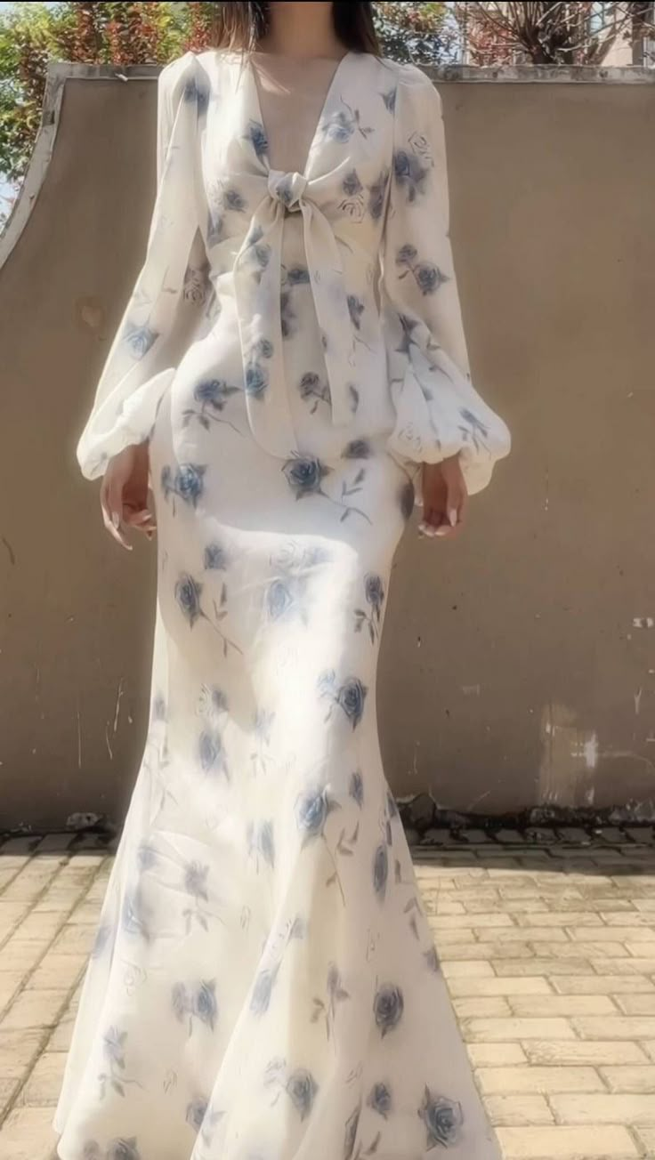 Elegant Ice Blue Rose Chiffon Print Floral Prom Dress Long Mermaid Evening Dress Y8407