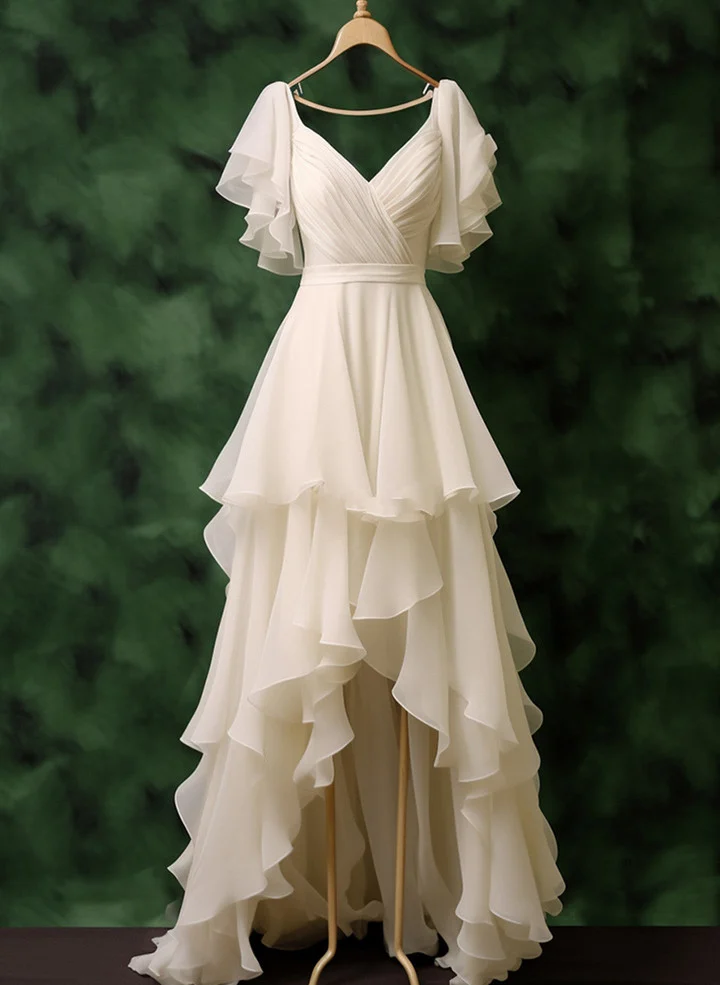 Pretty Chiffon V Neck Layered Prom Dress Elegant Long Wedding Dress