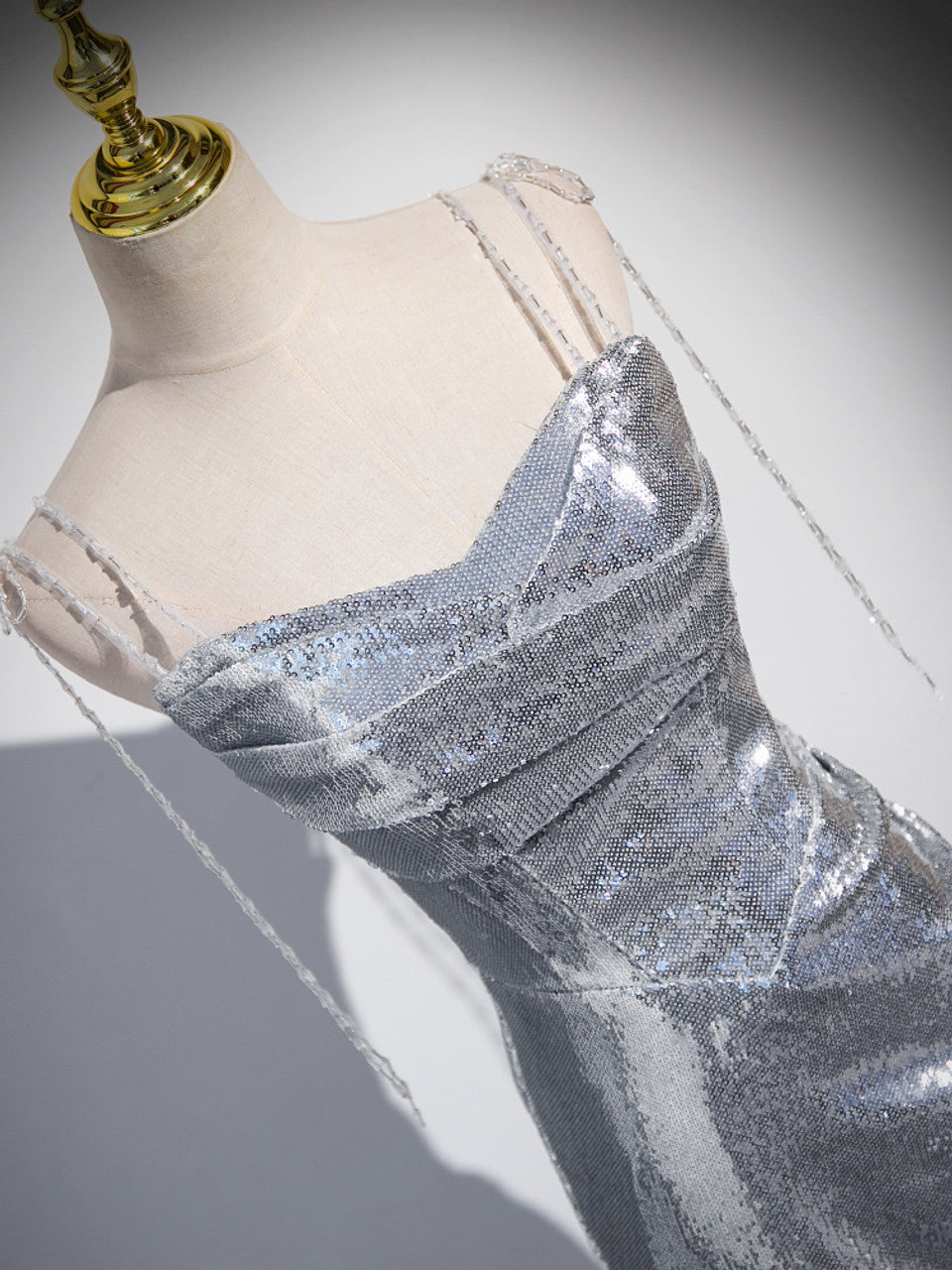 Charming Silver Mermaid Sequins Spaghetti Straps Pleated Prom Dress Long Party Dress - View 3 | VelvetHem