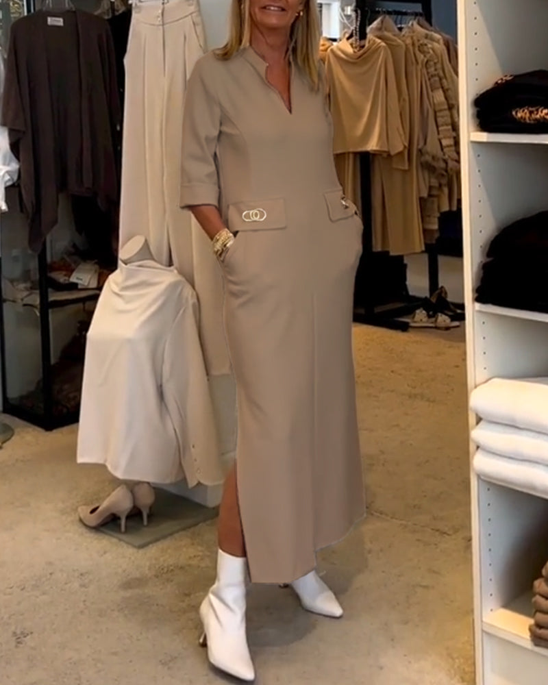 Scarlett Elevated Solid Color Slit Dress with 3/4 Sleeves Everyday Luxe Edit