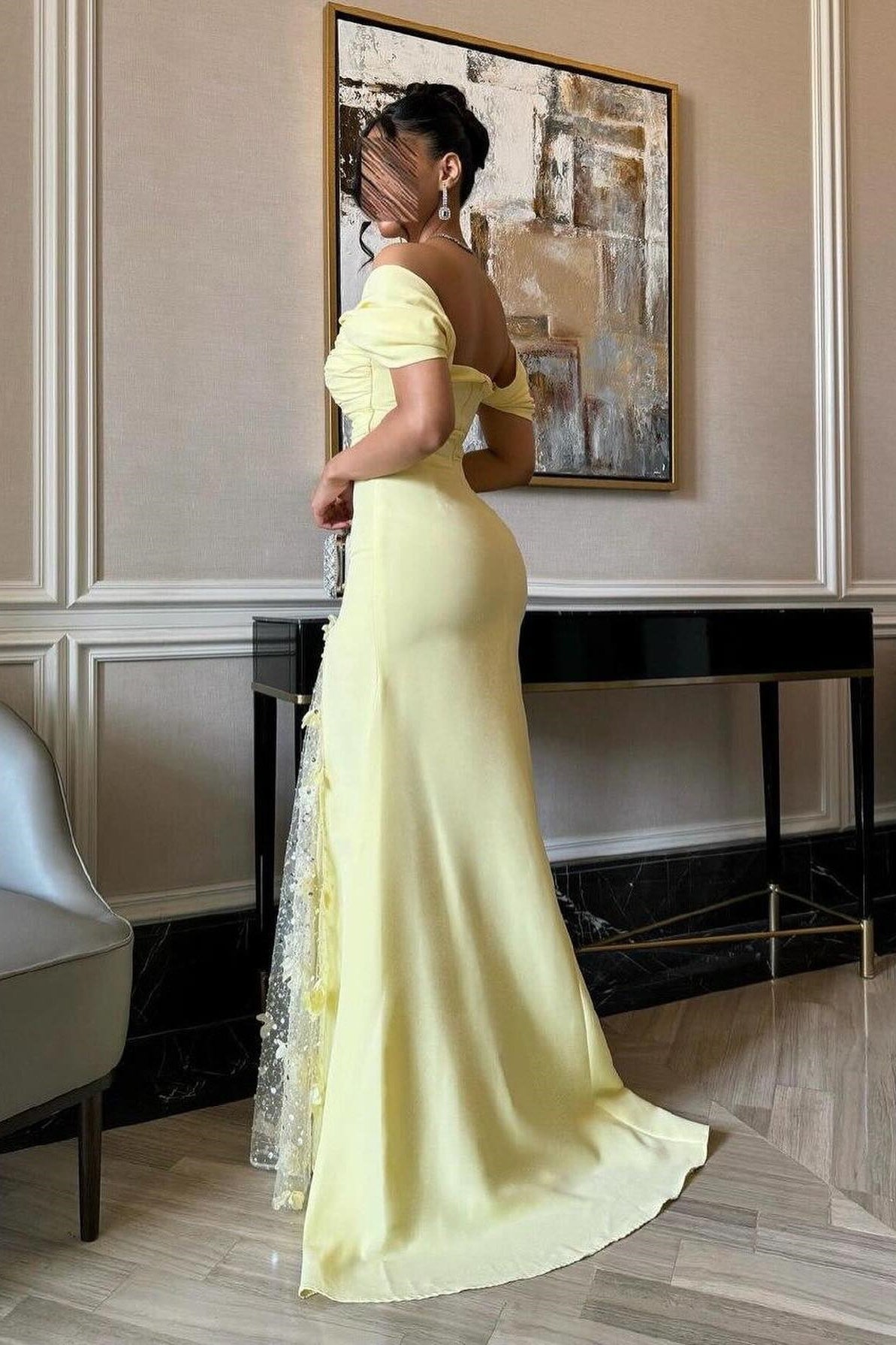 Elegant Mermaid Off the Shoulder Yellow Party Dress with Split Front - View 2 | VelvetHem
