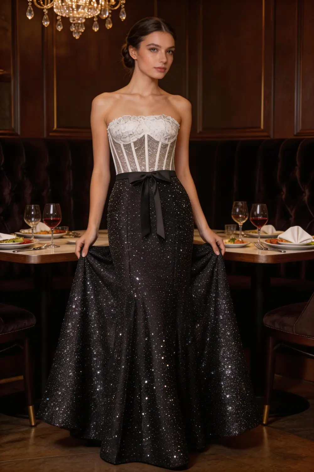 White Lace Corset Strapless Mermaid Prom Dress With Black Satin Bow (ZD17141)
