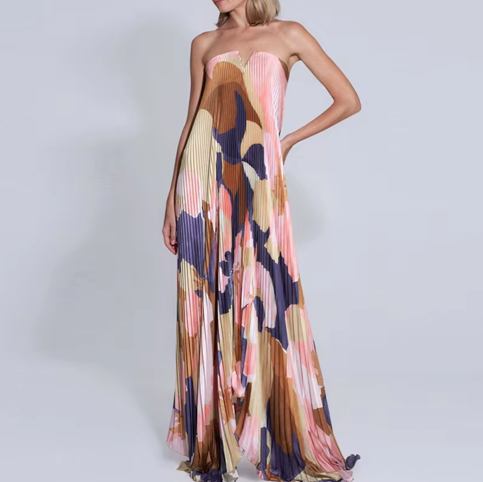 Silvana Statement Floral Strapless Pleated Long Dress Evening Wear Edit