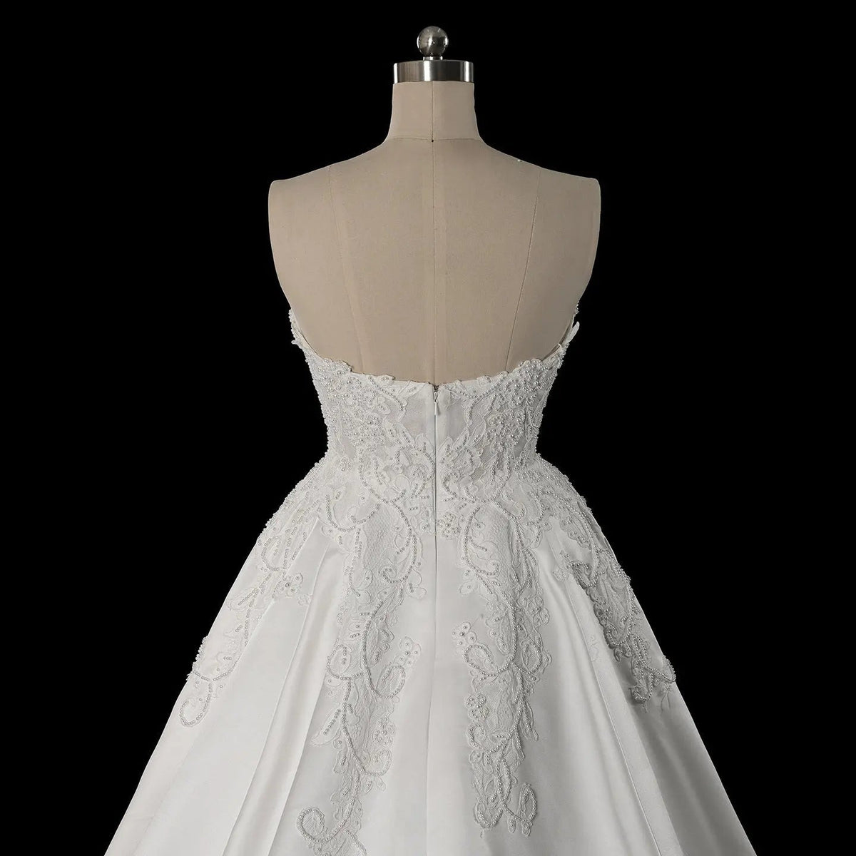 White Satin Strapless Wedding Dress Lace Appliques Sweetheart Neckline Ball Gown ZP010