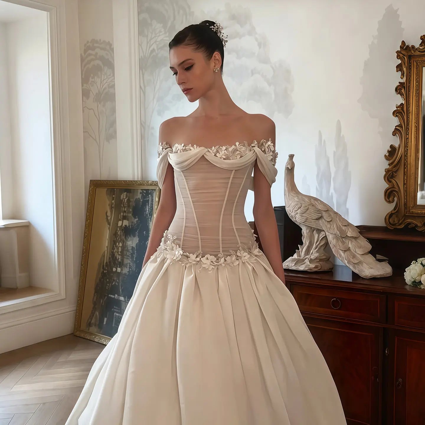 Elegant Ivory Off-the-Shoulder Floral Lace Ball Gown Wedding Dress ZP075