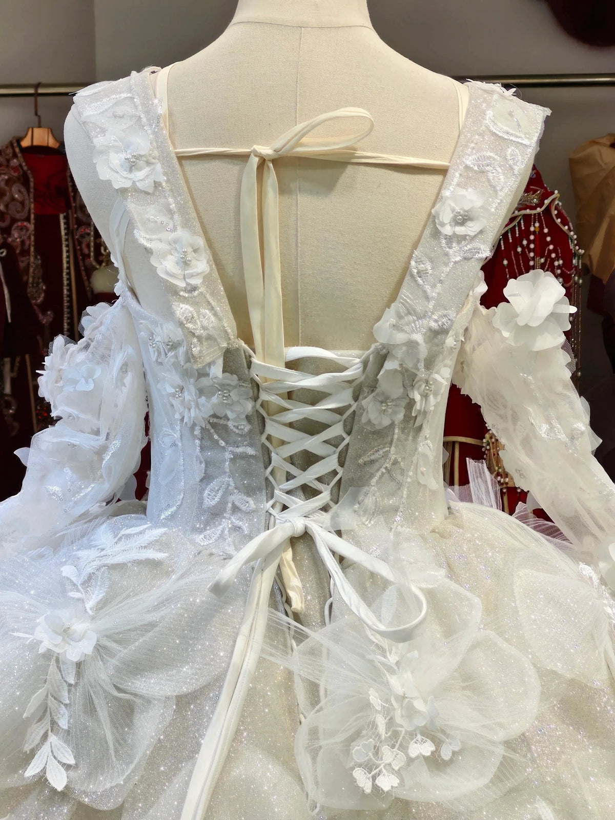 Ivory Petal Whisper Ballgown Organza Floral Bust & Bloom Train (ZD16777)