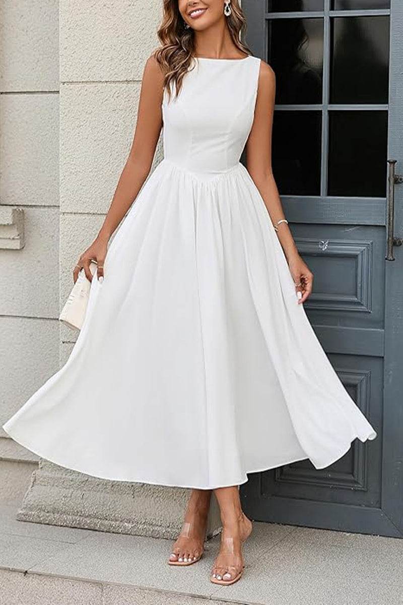 Elegant Cutout Back White Maxi Dress | Sleeveless Pleated Wedding Guest Gown