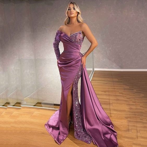 New 2023 Sexy Ladies One Shoulder Sleeve Sequin Prom Evening Dress Mermaid Tail Side Slit Formal Party prom dress