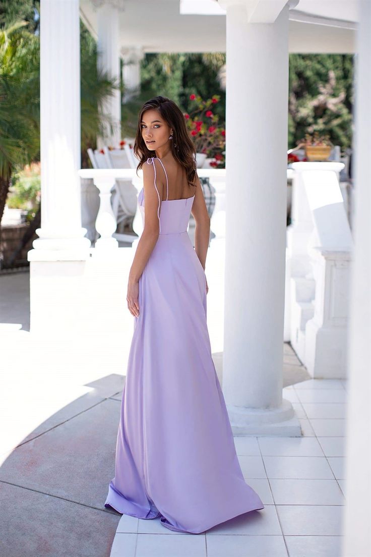 Lavender A-Line Spaghetti Straps Floor Length Split Front Prom Dresses