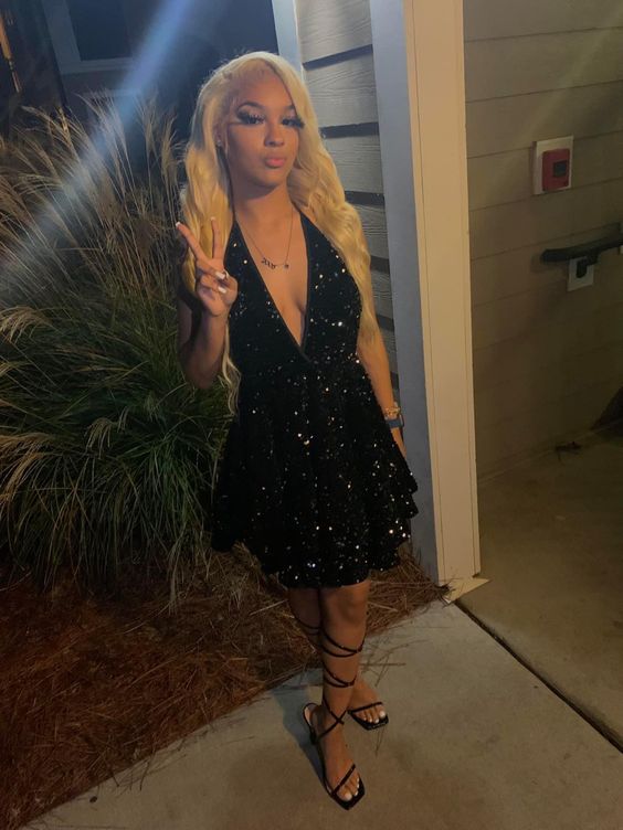 Sexy Black Sparking Short Cocktail Dresses Back Open Tiered Sequin Graduation Gown Parties Night - View 6 | VelvetHem