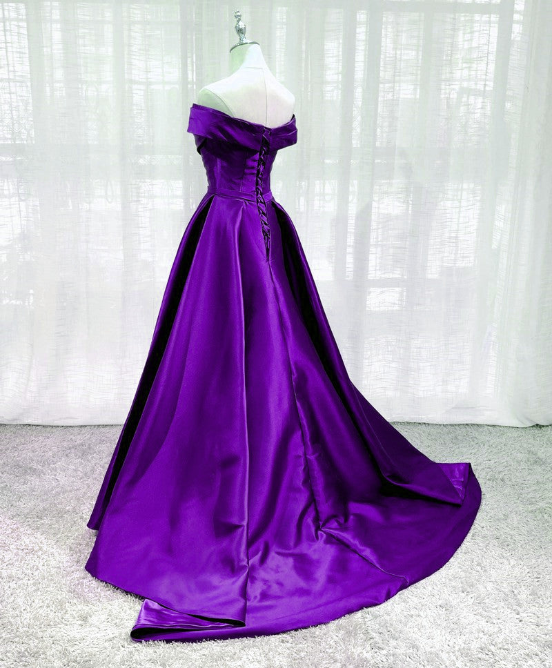 Purple Satin Off Shoulder Long Evening Dress Prom Dress, Purple A-line Party Dresses