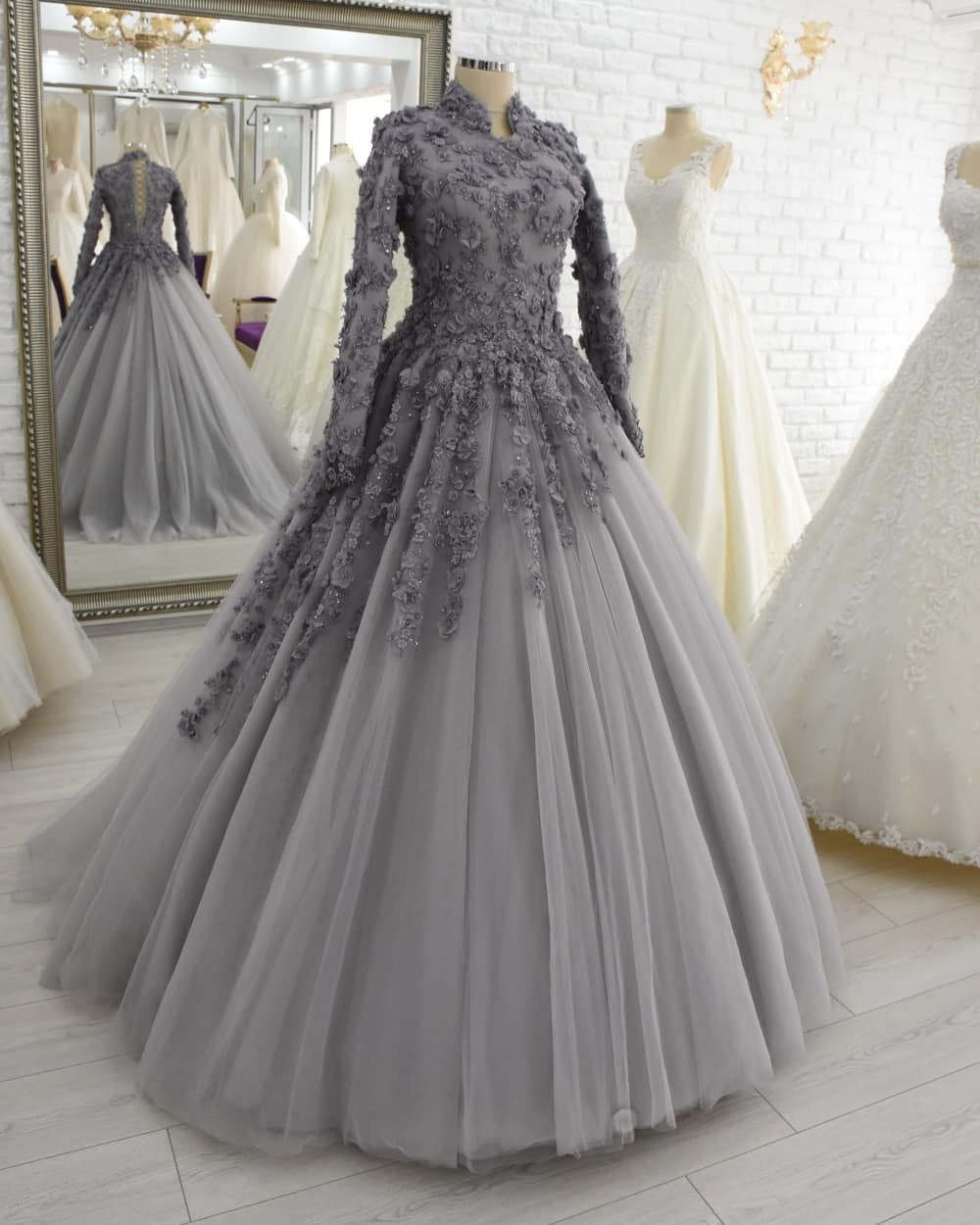 Long Sleeves Grey Formal Occasion Dresses Evening Gowns - VelvetHem
