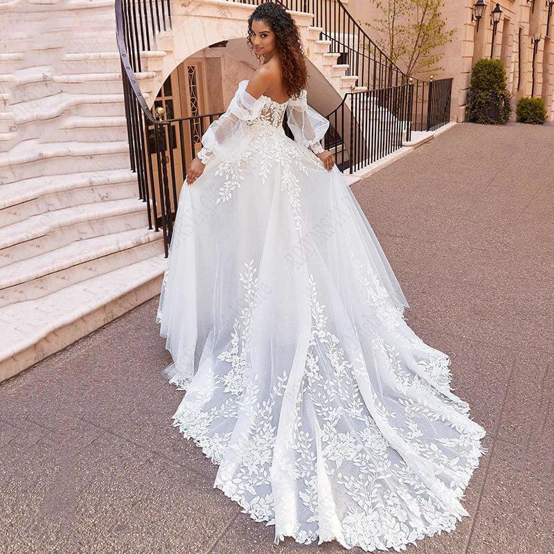 RODDRSYA Beach Wedding Dresses Lace Puff Sleeves Bridal Gowns Princess Off Shoulder Vestido De Novia Appliques Tulle Sweep Train (ZD13340)