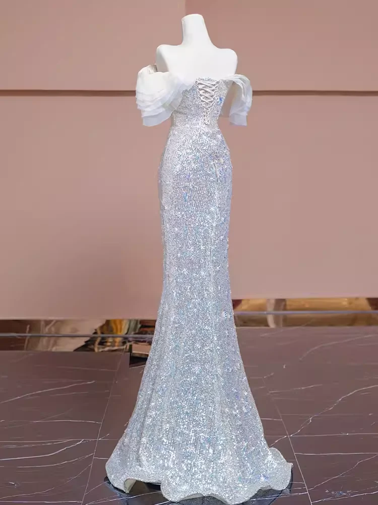 Mermaid Off The Shoulder Sequin Long Evening Dress Beads Prom Dress - View 2 | VelvetHem