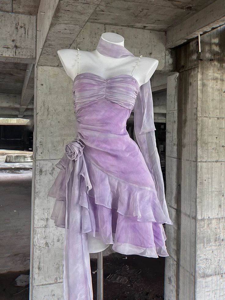 Elegant Spaghetti Straps Ruffles Lilac Cocktail Dress Homecoming Dress - View 2 | VelvetHem
