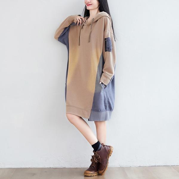 Patchwork Hooded Dress Ladies Plus Size Irregular Length Hooded Dresses