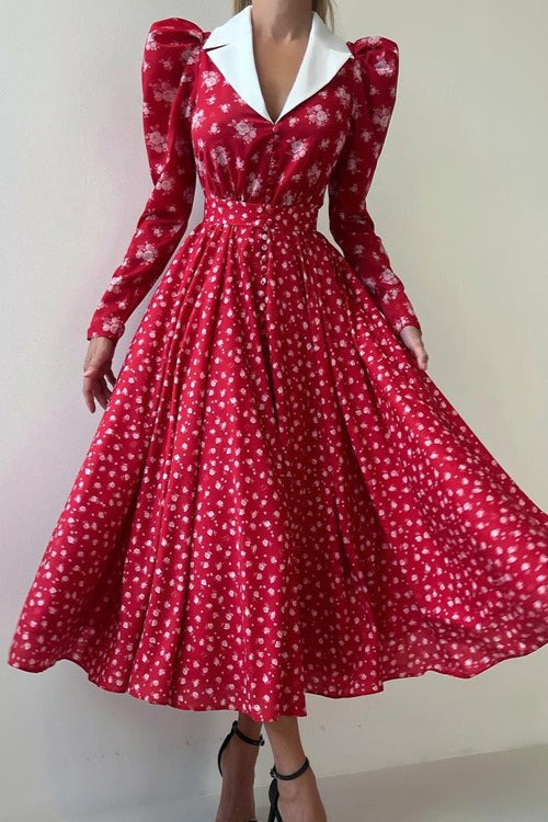 Contrast Collar Long Sleeve A Line Floral Dress