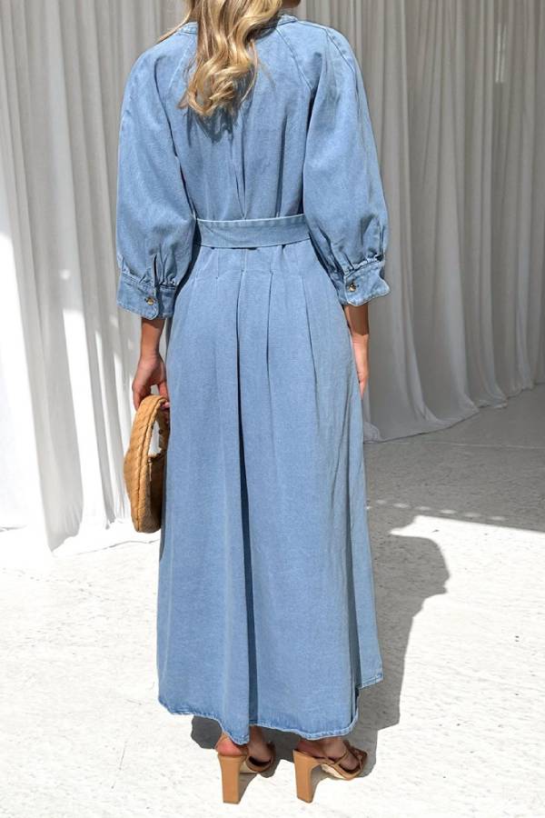 Sara Effortless Casual Denim Maxi Dress with Button Placket and Waist Premium Wardrobe Essential
