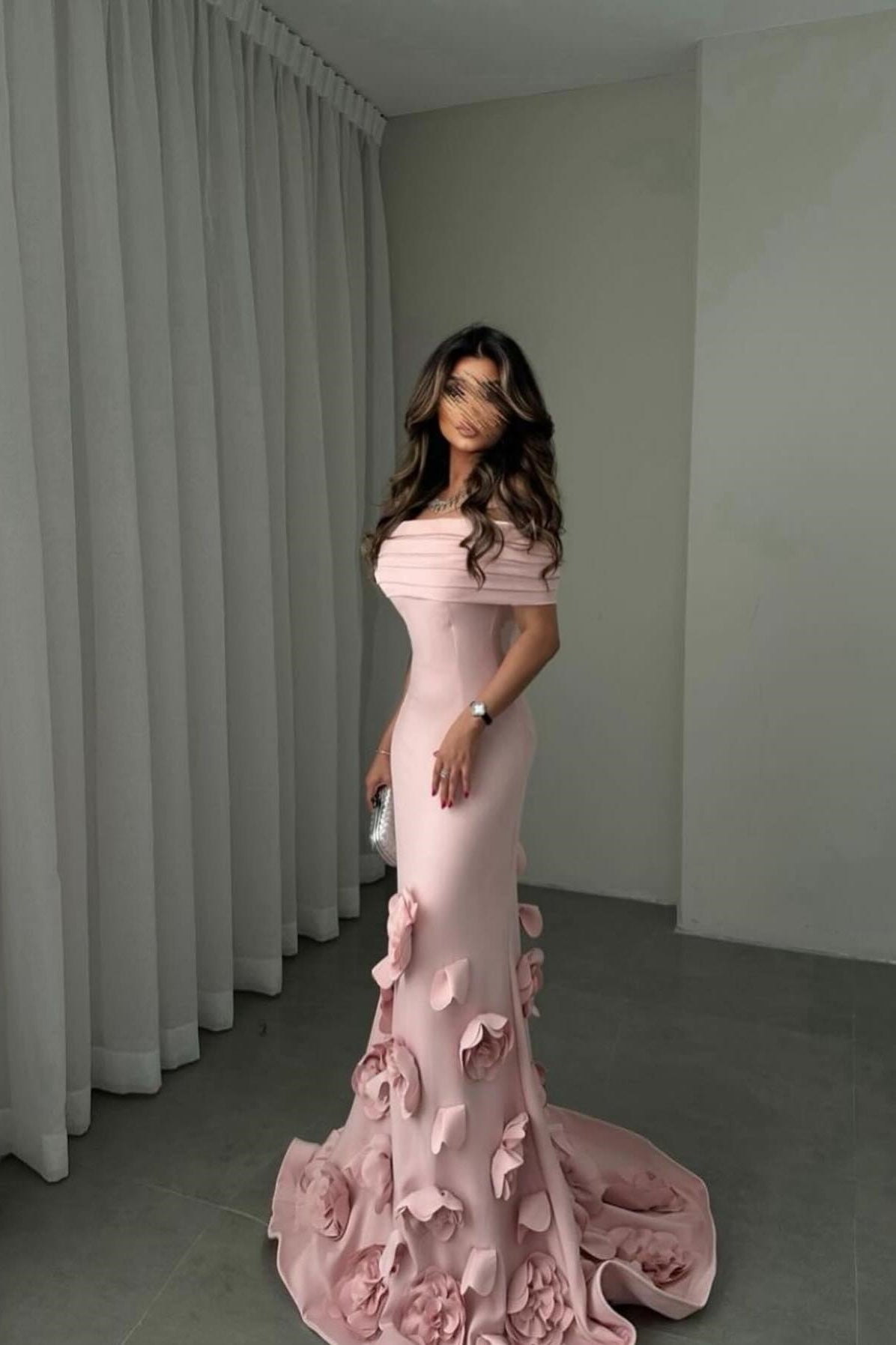 Gorgeous Mermaid Off the Shoulder Pink Formal Dress with 3D Flowers - View 2 | VelvetHem