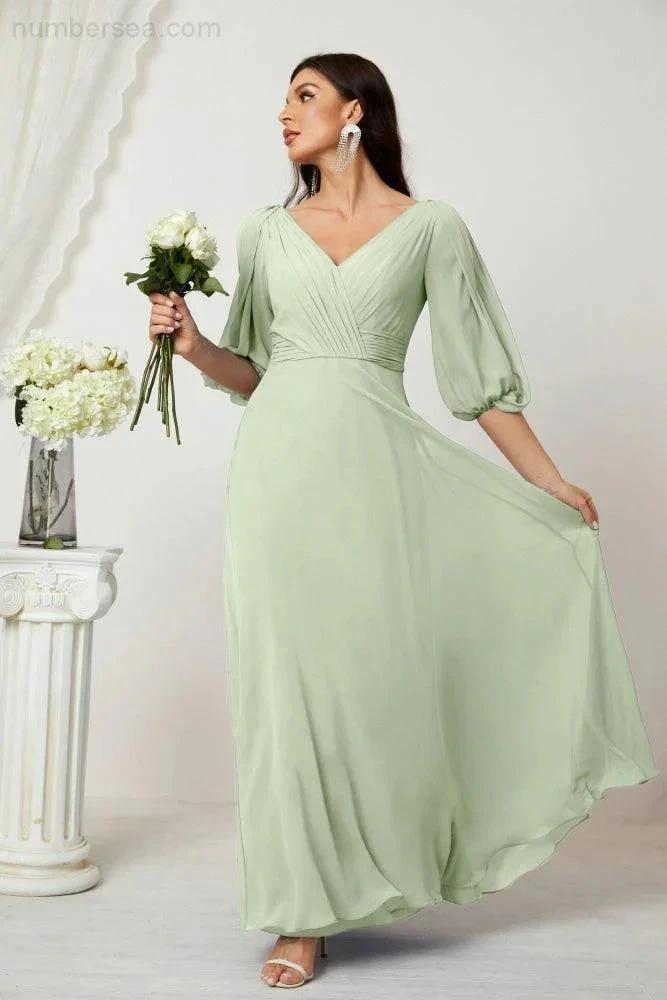 ZapDress  Formal Prom Gown Women V-Neck Chiffon Bridesmaid Dresses Long Bishop Sleeve Party Dress 2807 (ZD17027)