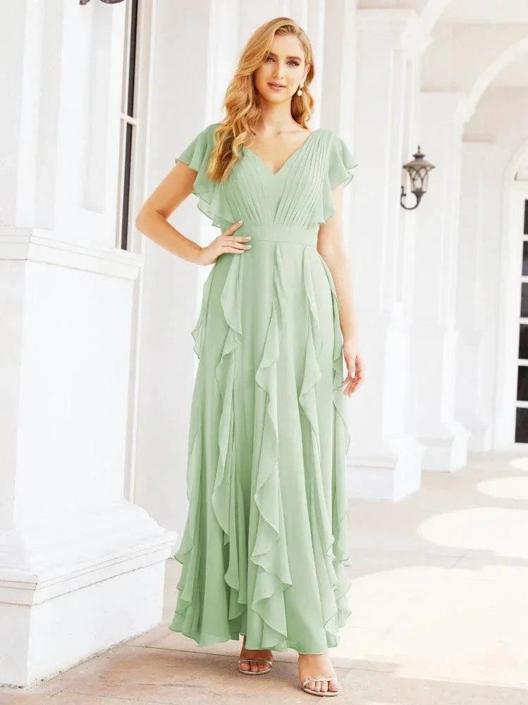Ruffled Bridesmaid Dresses with Sleeves Long Formal Party Dress 28041 by numbersea