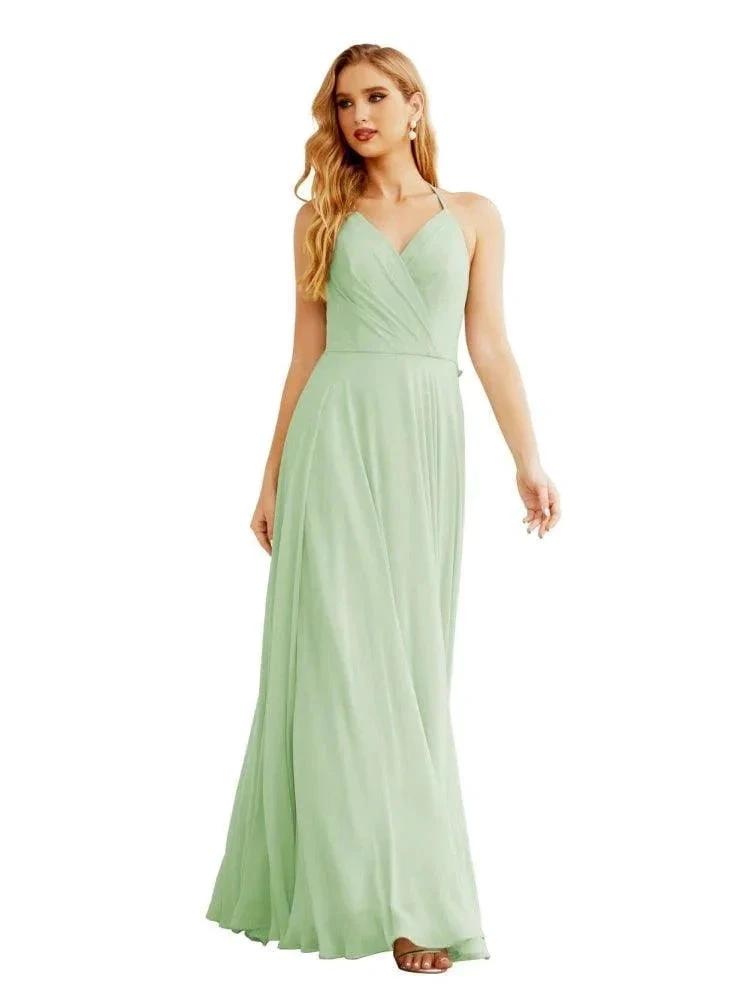 Women's Halter Chiffon Bridesmaid Dresses Wedding Apparel Long Sleeveless Formal Prom Dress with Ruffled Back SEA28035 by numbersea
