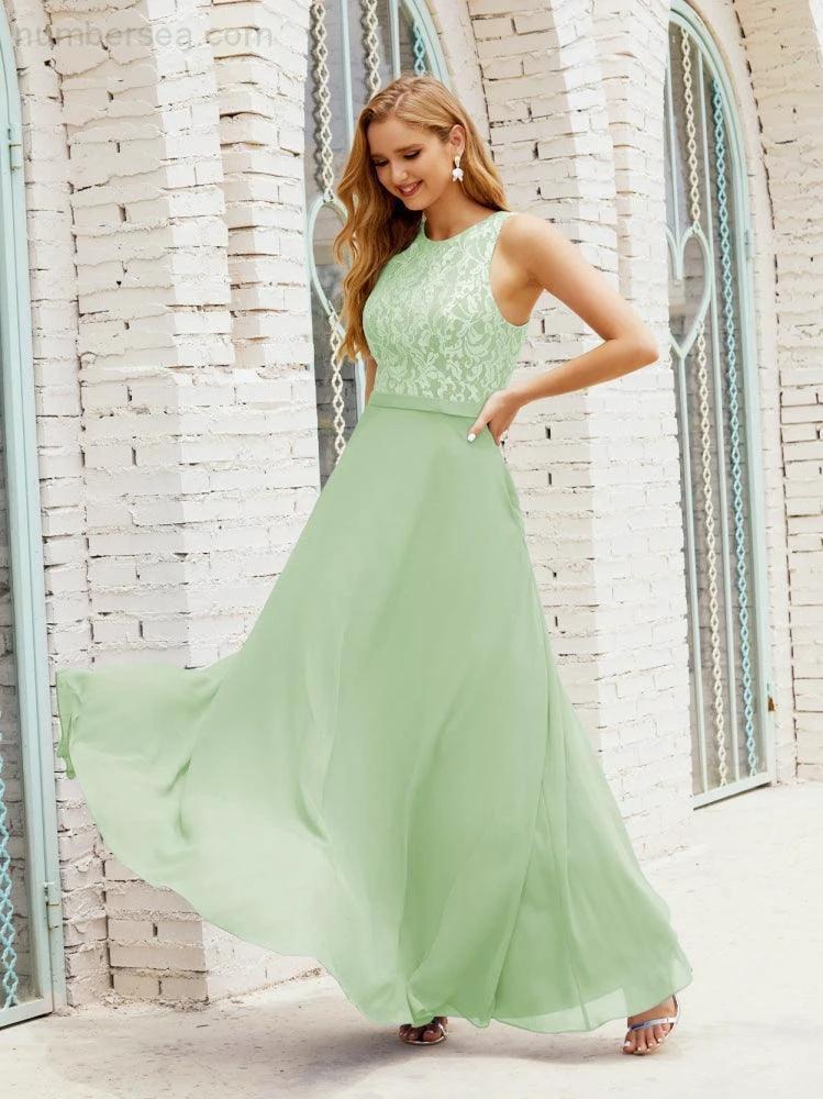 Lace Bridesmaid Dress Floor Length Evening Gowns with Pockets 28017 (ZD16964)