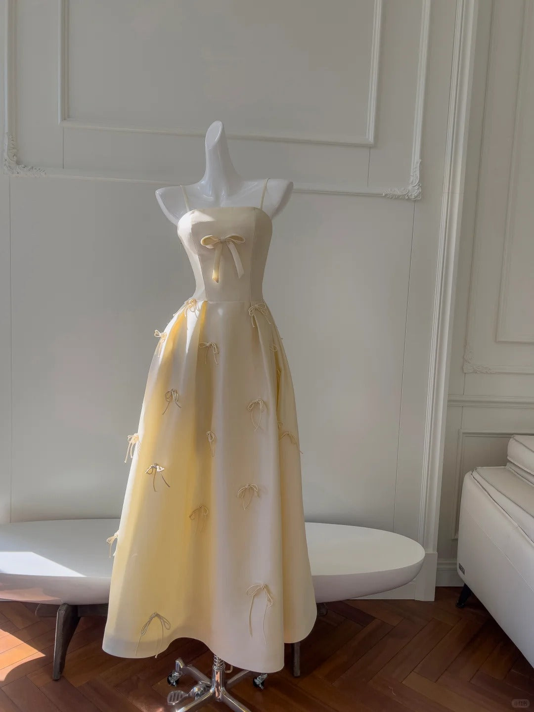 Sweet Light Yellow A-line Spaghetti Strap Bow Satin Long Prom Dress Evening Dress Bridesmaid Dress - View 2 | VelvetHem