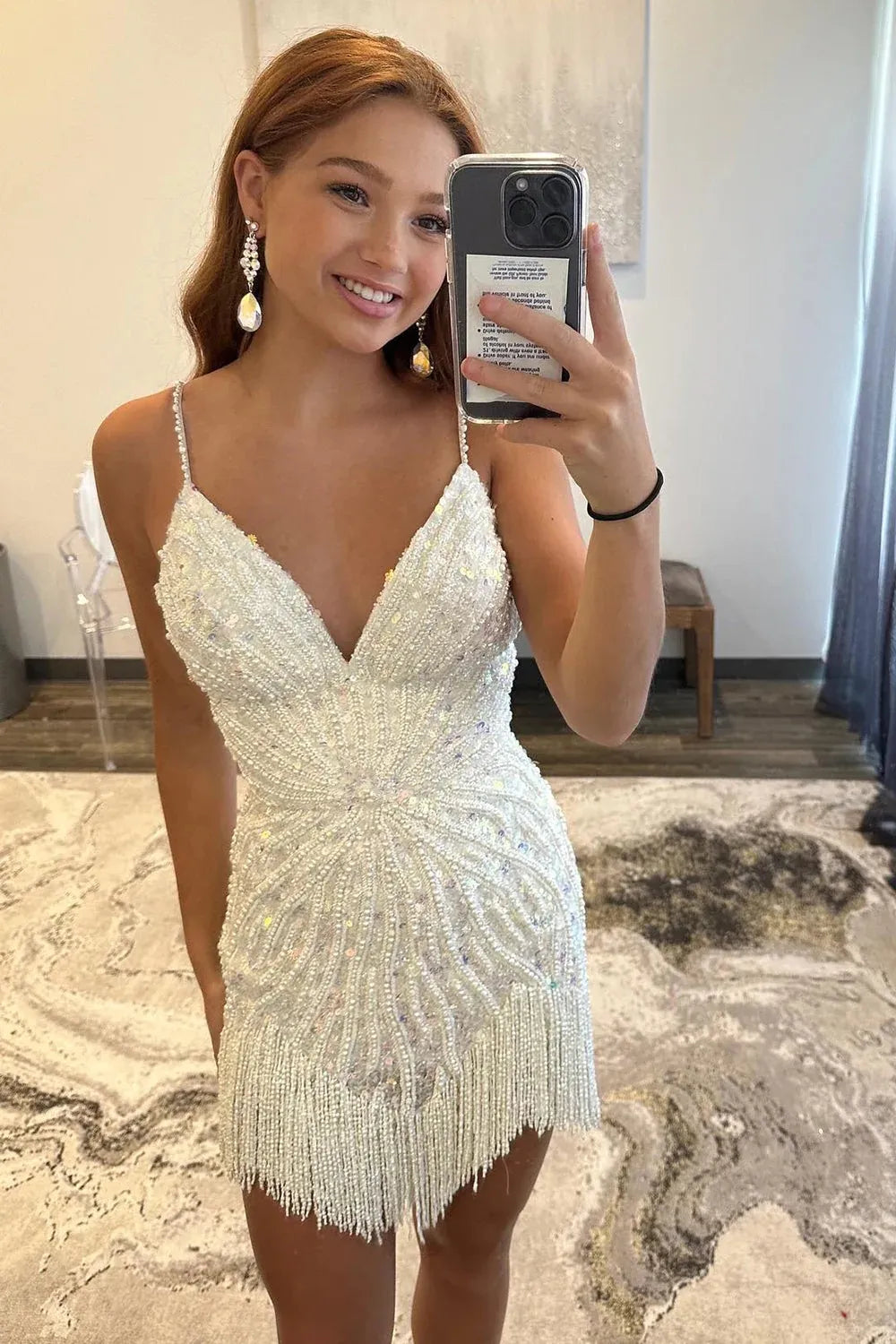 Trendy Sheath Spaghetti Straps White Sequins Short Homecoming Dress with Tassel - View 3 | VelvetHem