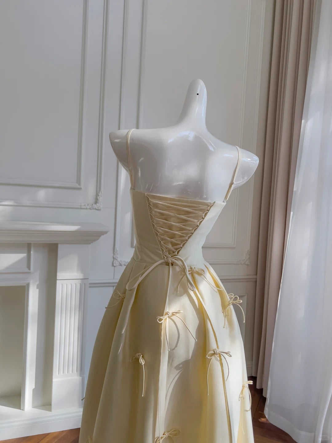 Sweet Light Yellow A-line Spaghetti Strap Bow Satin Long Prom Dress Evening Dress Bridesmaid Dress - View 5 | VelvetHem