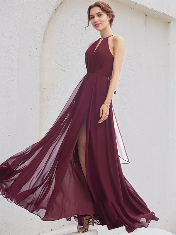 Mulberry A-Line Halter Floor-Length Chiffon Bridesmaid Dress
