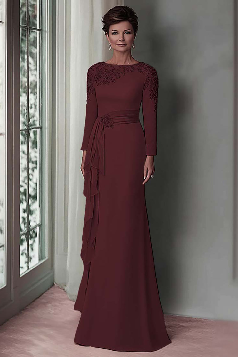Blush Lace Sheath Mother Of The Bride Dress with Long Sleeves
