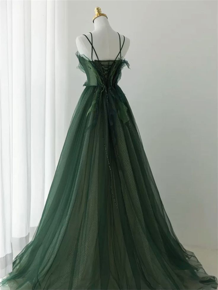 Ball Gown Spaghetti Straps Floor Length Dark Green Long Prom Dresses
