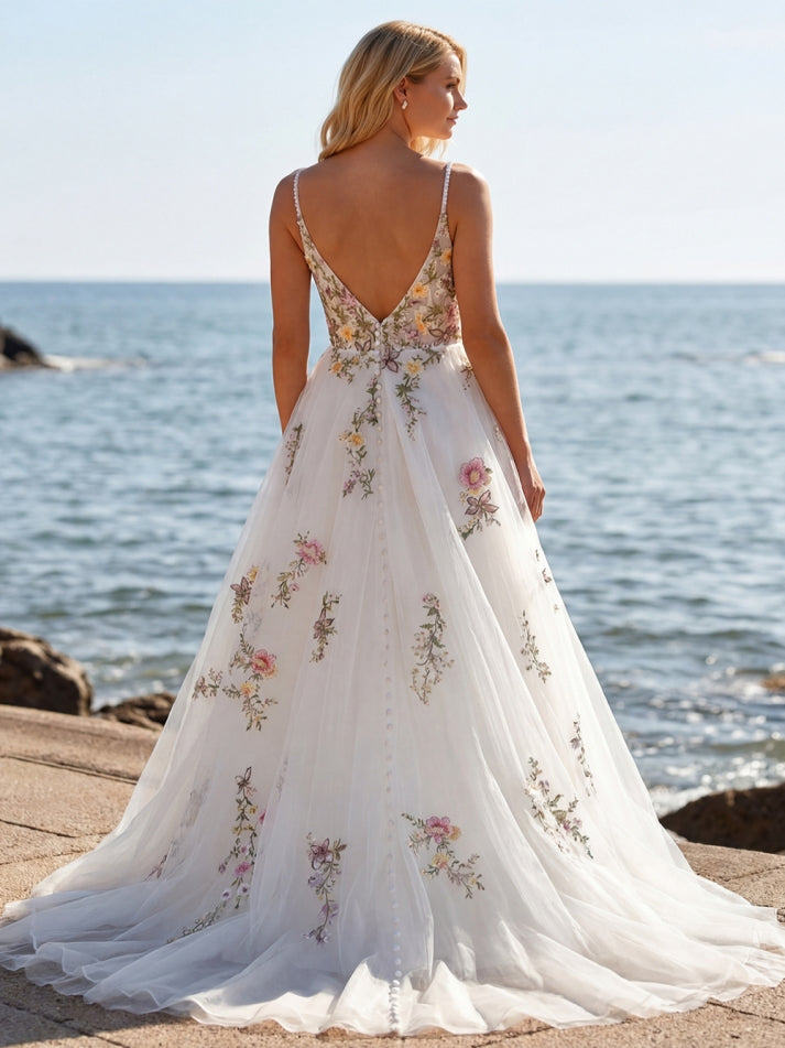 Floral A Line White V-Neck Sweep Train Tulle Wedding Dress