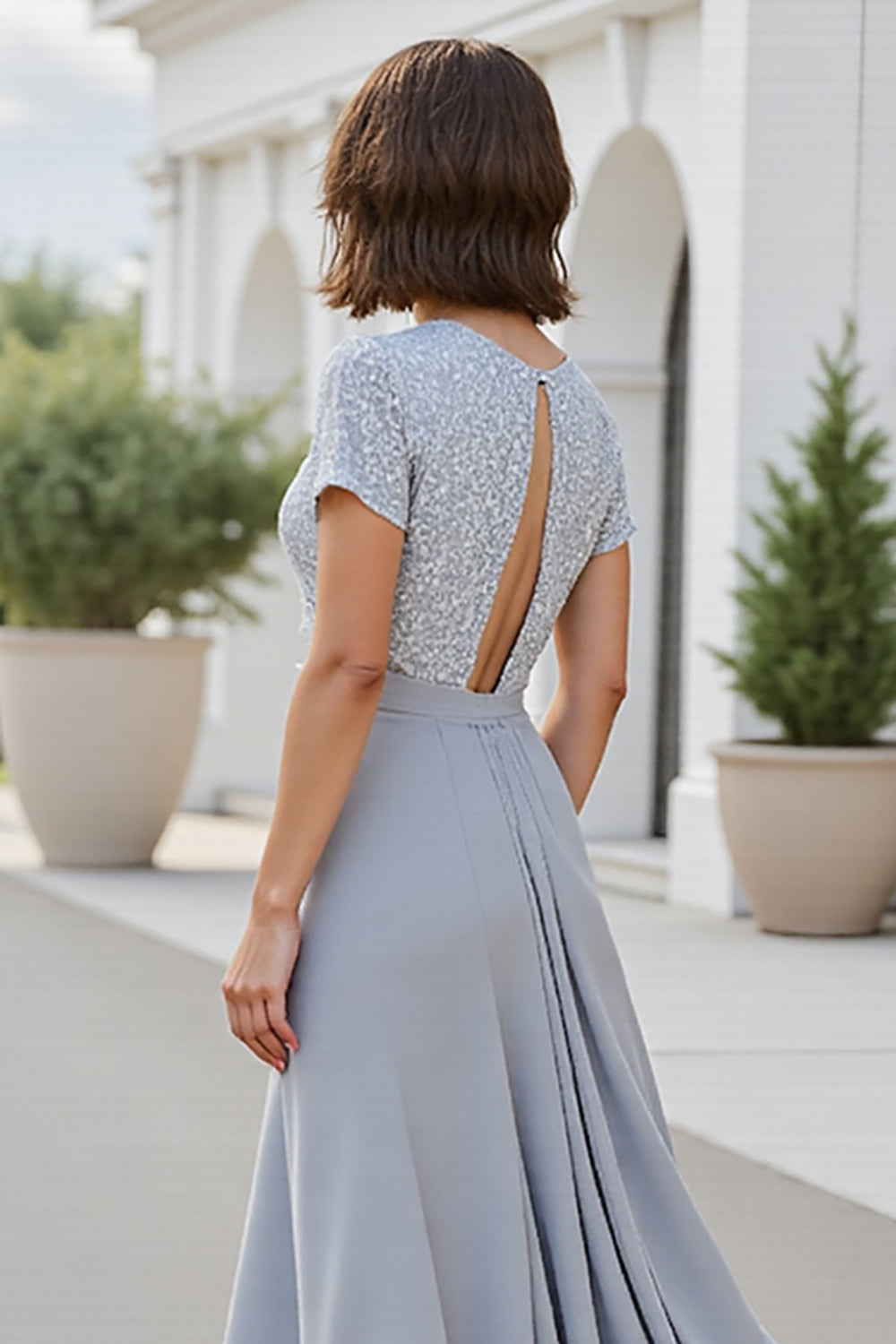 Sparkly Silver V Neck A Line Mother Of The Bride Dress