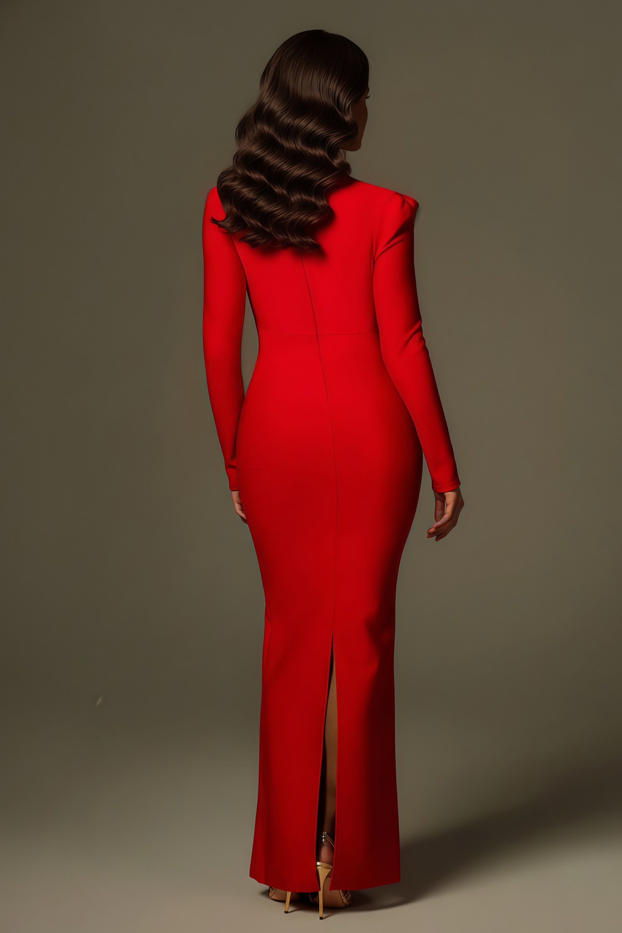 Long Sleeve Column Gown with Sculptural Rose and Cutout