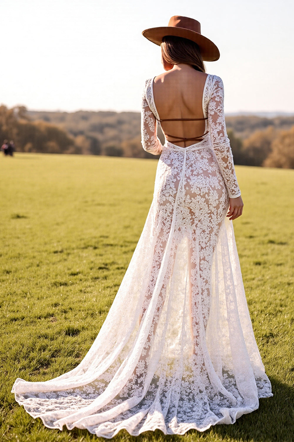White Mermaid Lace Sweep Train Western Wedding Dress with Slit