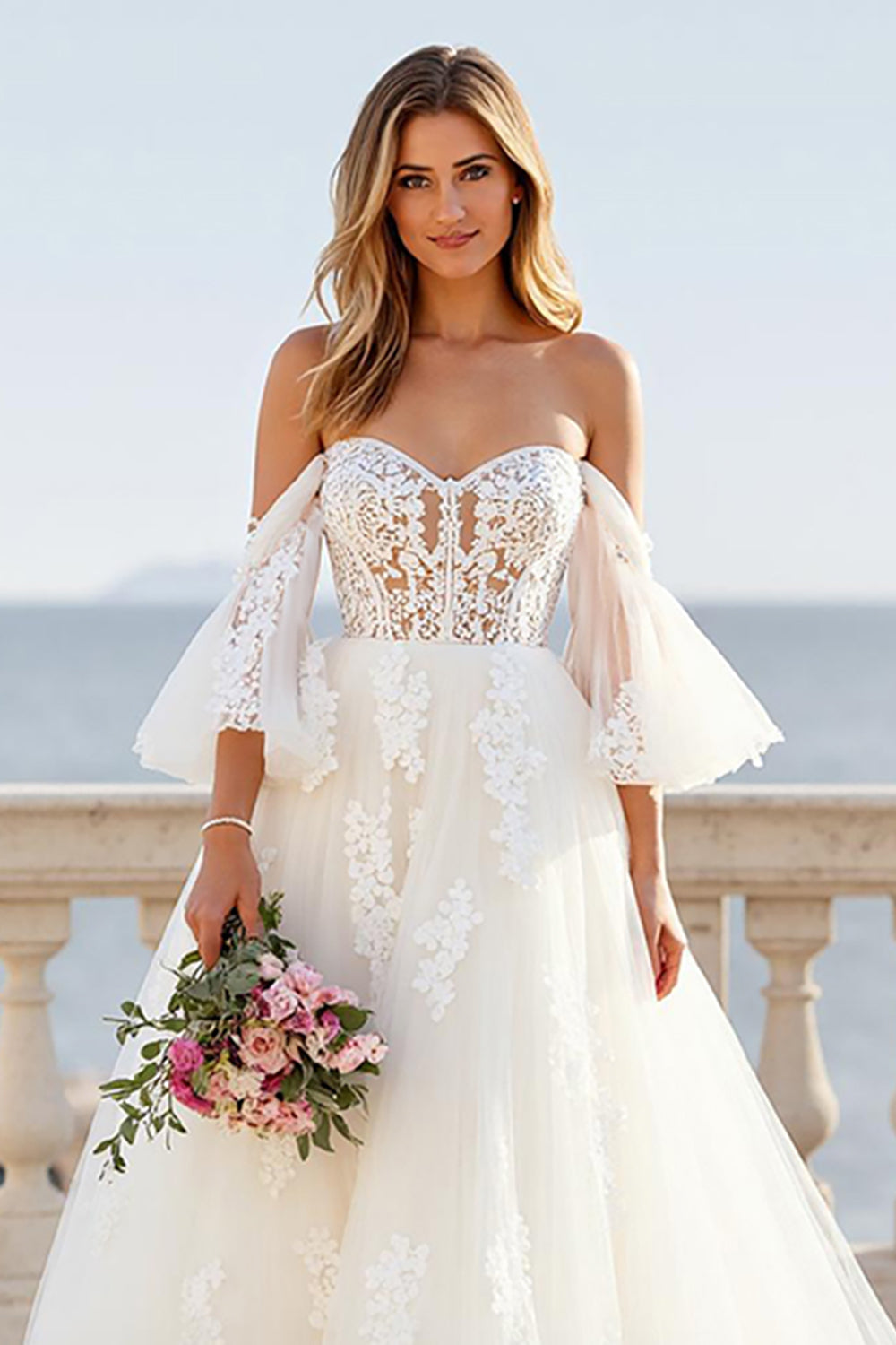 Chapel Train Tulle A Line Off the Shoulder Ivory Wedding Dress with Lace Appliques