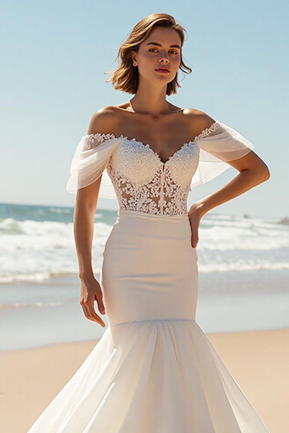 Ivory Mermaid Off the Shoulder Chapel Train Wedding Dress with Lace Appliques