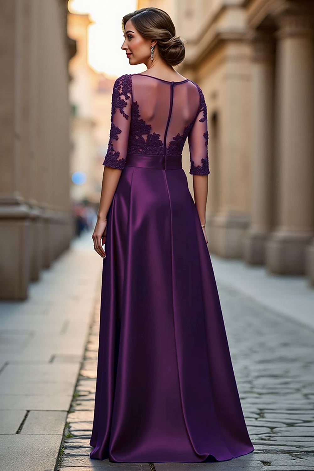 Dark Red A Line Illusion Neck Long Mother of the Bride Dress with Lace Appliques